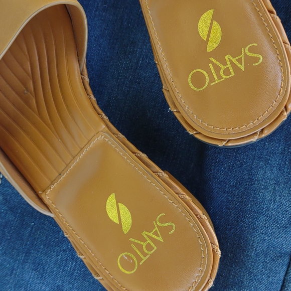 SARTO Leather Slide Sandal Low Chunky Heel 8 - Picture 7 of 12